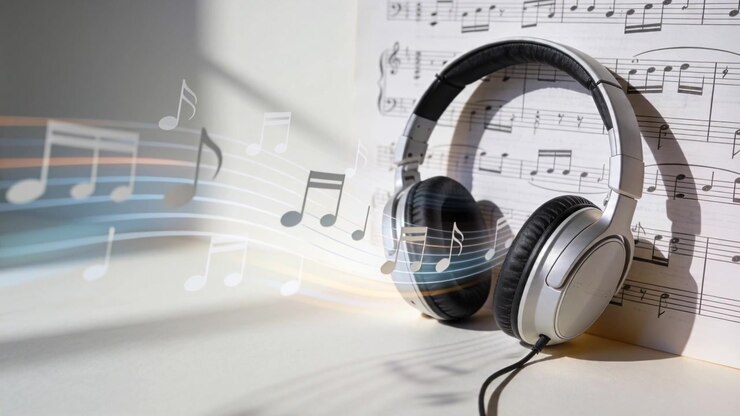 Animating musical staff sweeping left on table, wired over-ear headphones leaning on printed music