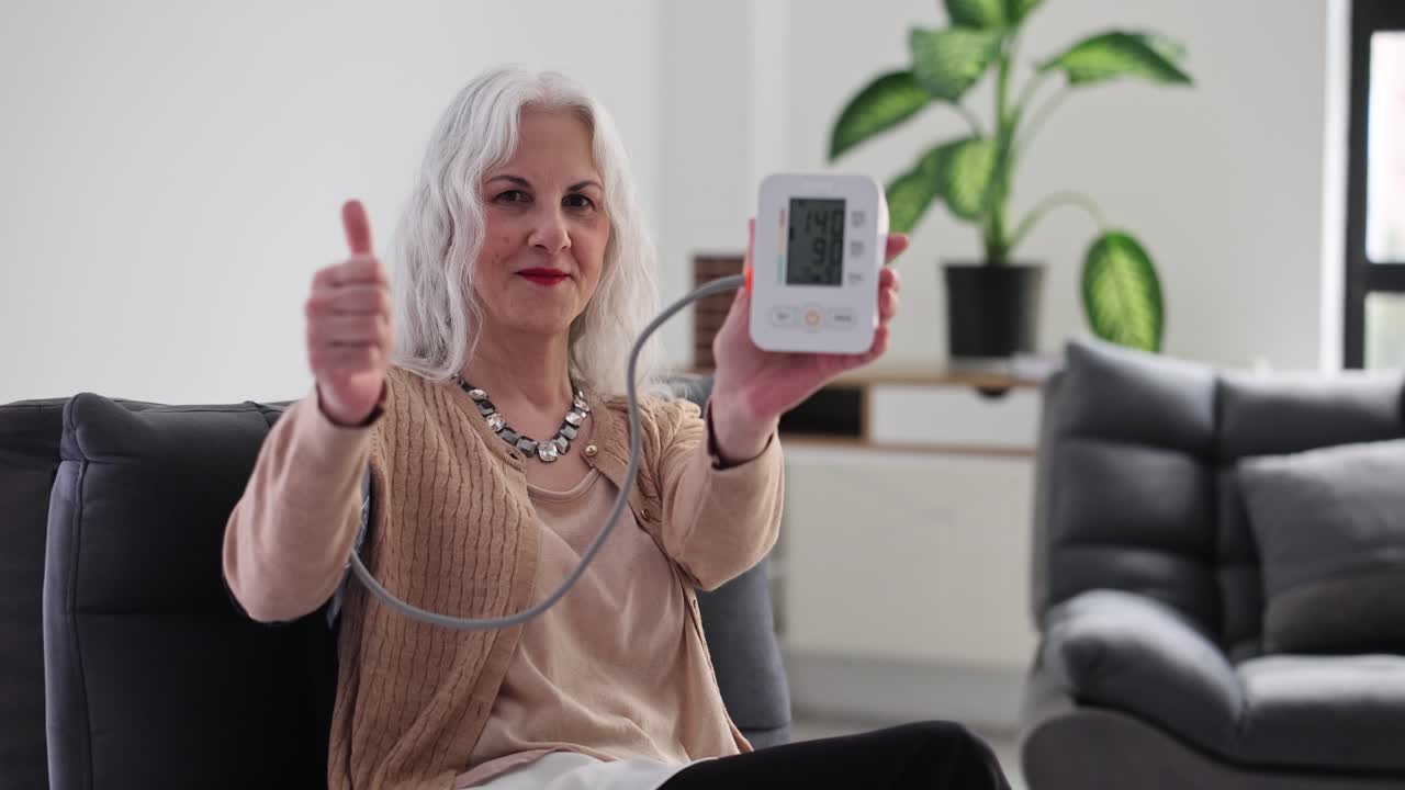 Senior woman showing blood pressure monitor with thumbs up