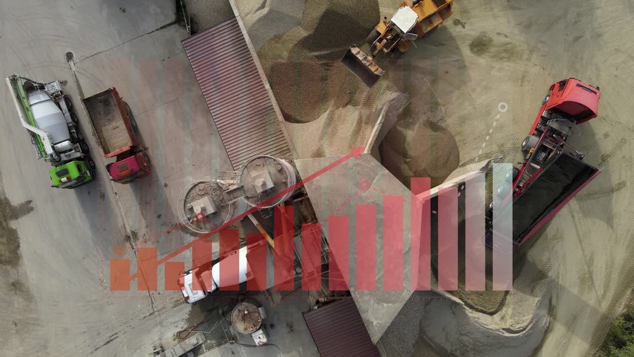 planta de fábrica industrial de hormigón con camiones y maquinaria