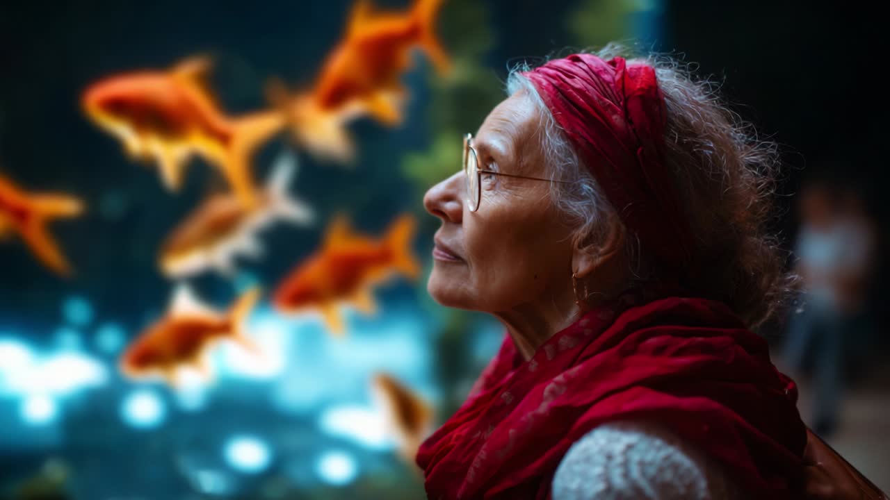 A Serene Encounter with Nature: An Elderly Woman in Contemplation, Gazing at Graceful Goldfish Swimming Tranquilly in a Colorful Aquarium, Illuminated by Soft Lights and Vibrant Colors, Highlighting the Beauty of Life