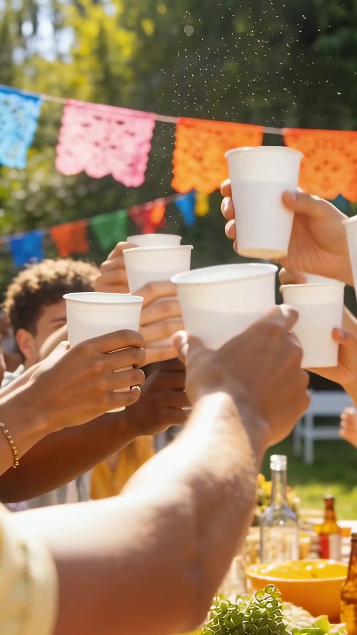 Vertical video: Calling toast group in yellow raising white cups at yard table under papel picado