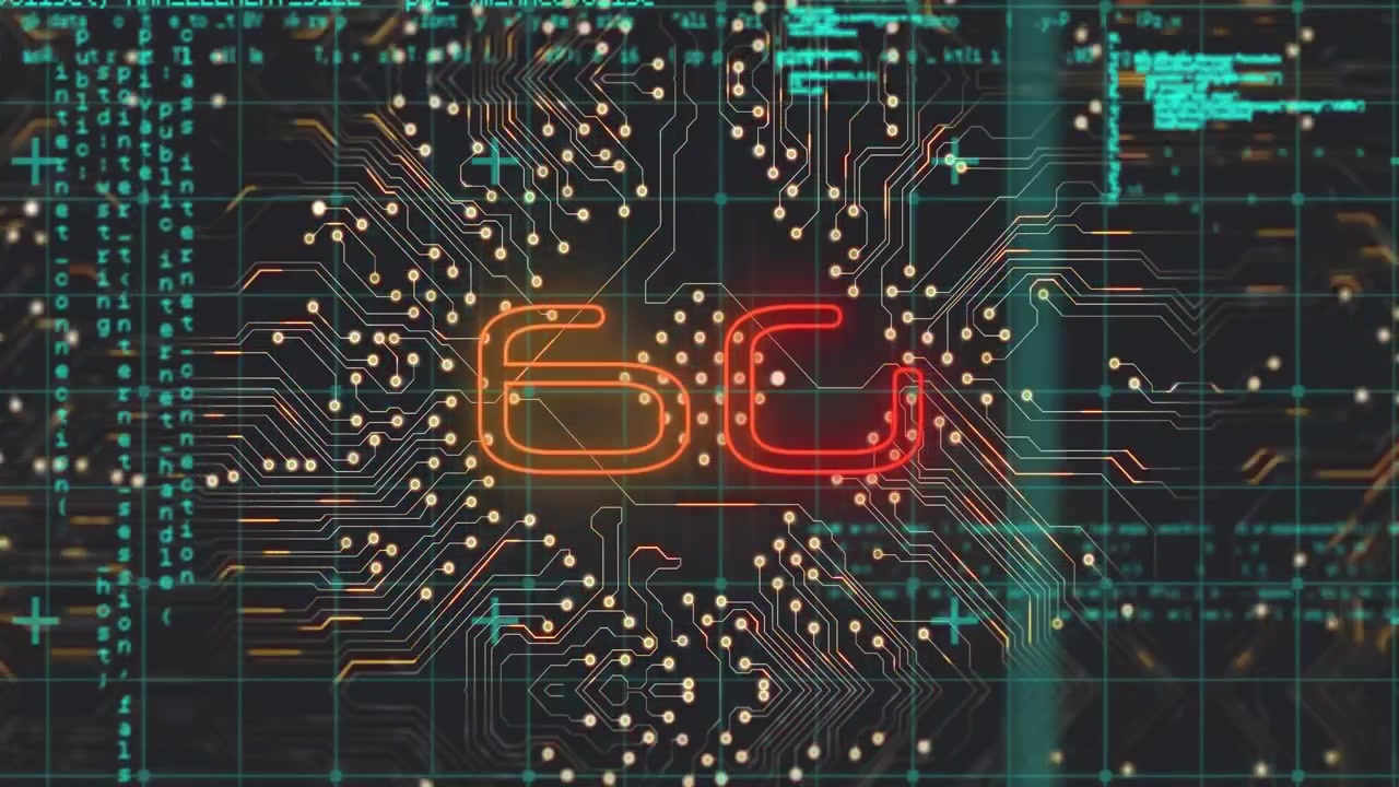 Animering av datorkretskort över databehandling och 6g-text på svart bakgrund.