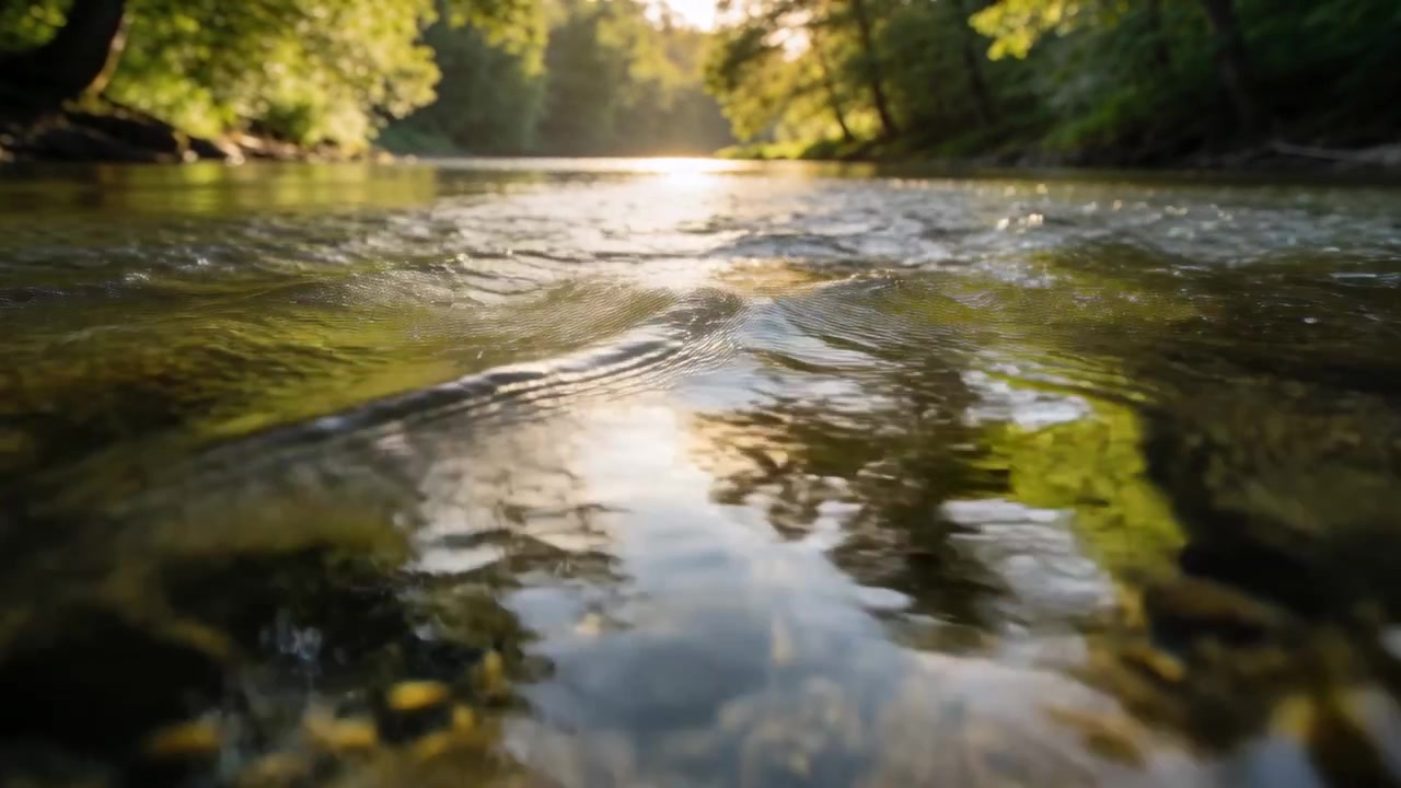 Die kräuselnde Oberfläche eines flachen Baches reagiert auf sanfte Strömung, tiefe Sonne im Wald enthüllt Kieselsteine.