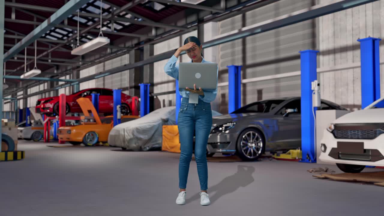 Corpo inteiro de uma mulher asiática com seu laptop em uma oficina de reparação de carros. Ela está balançando a cabeça em sinal de decepção.