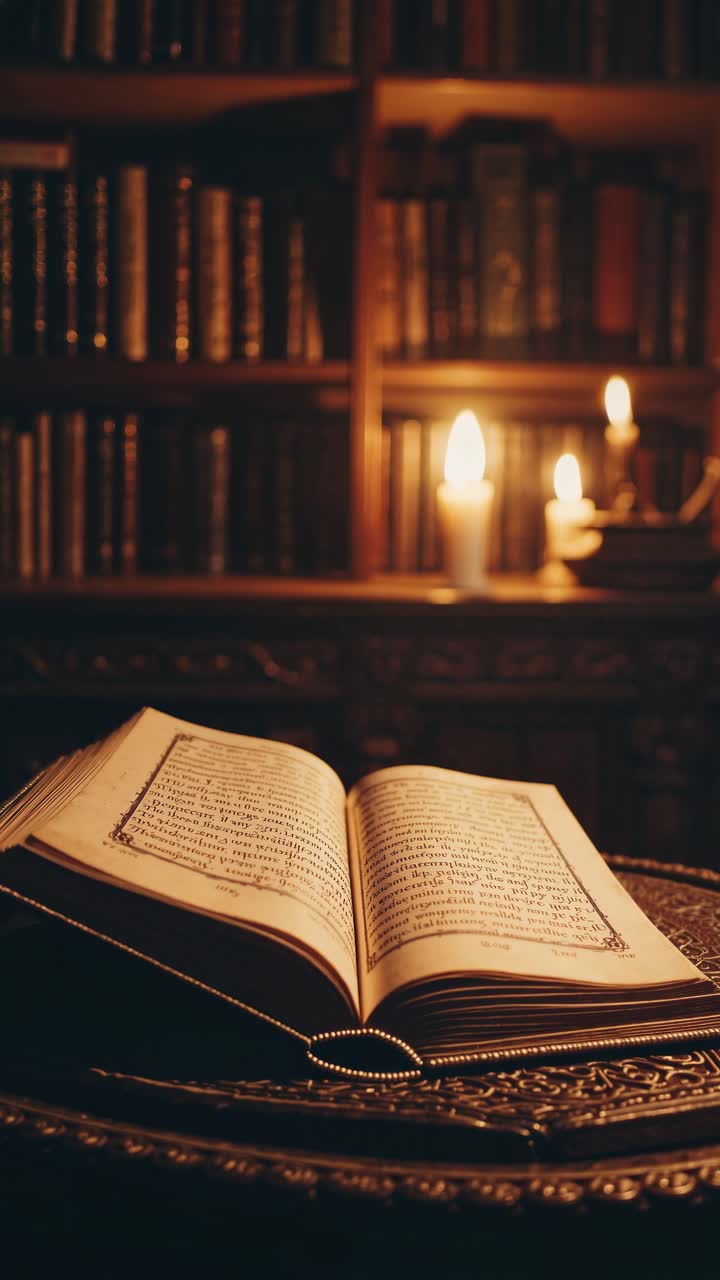 Frame video caldo in stile vintage di un libro aperto su un tavolo di legno, ripreso da un angolo basso