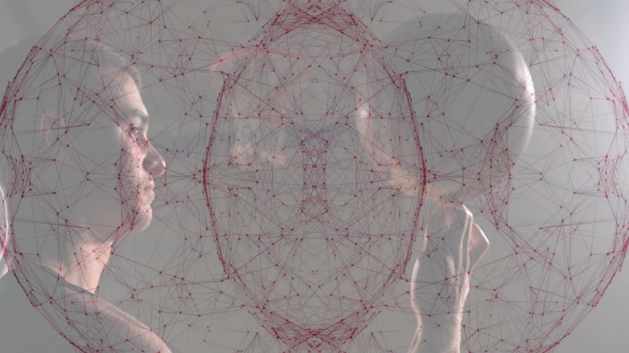 Interacting with complex animation, person studying red network pattern in school