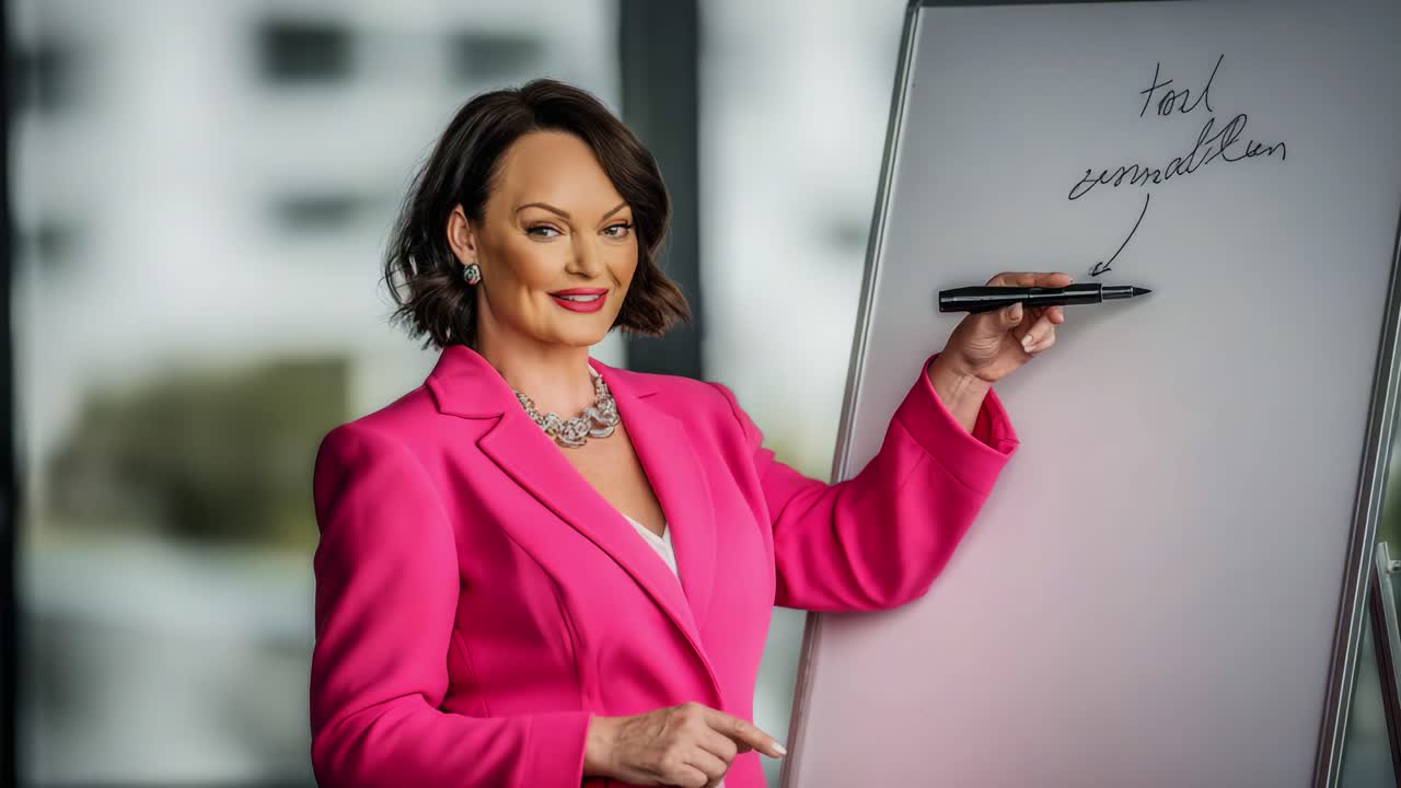 A confident presenter in a vibrant pink suit engages an audience, utilizing a whiteboard to share insights and demonstrate expertise in a professional and modern environment