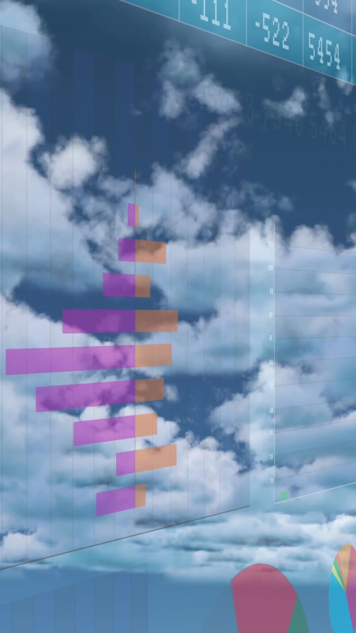 Animazione di interfaccia con elaborazione dati statistici su sfondo di nuvole nel cielo blu