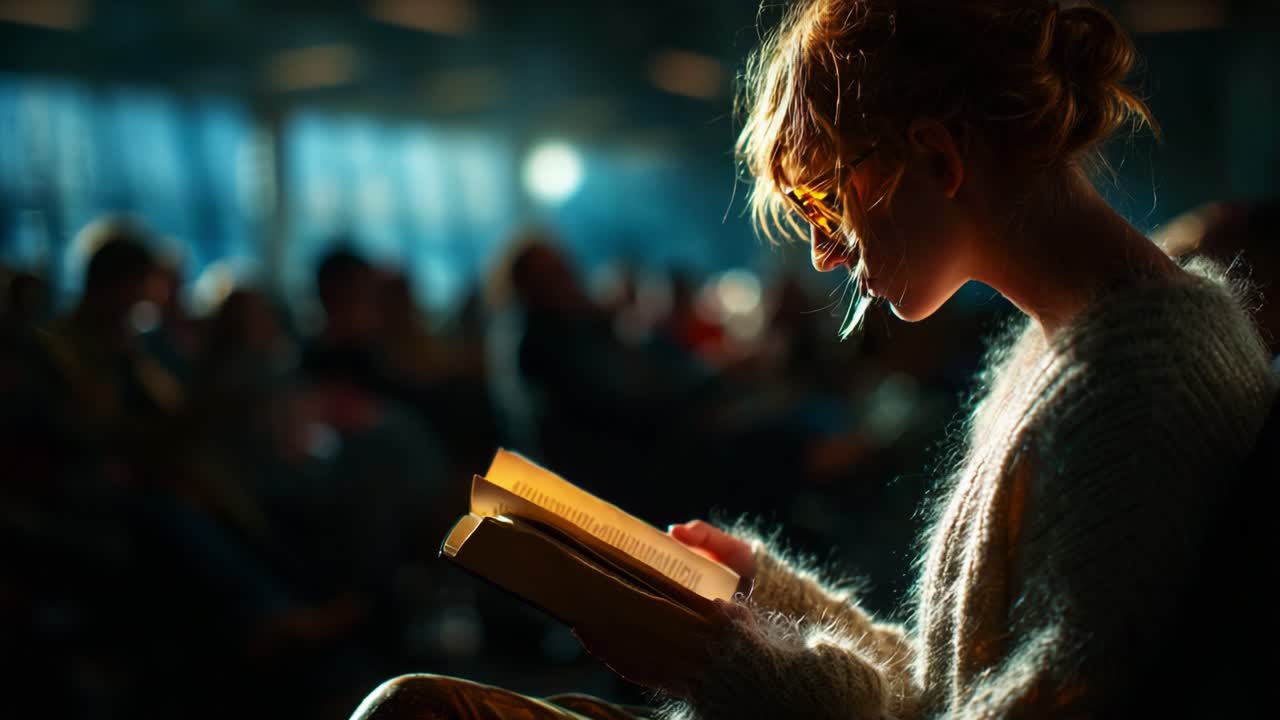 A Thoughtful Reader Immersed in Literature Amid a Crowded Room, Captivated by the Pages of a Book Illuminated by Warm Light and Surrounded by Fellow Readers in a Cozy Atmosphere