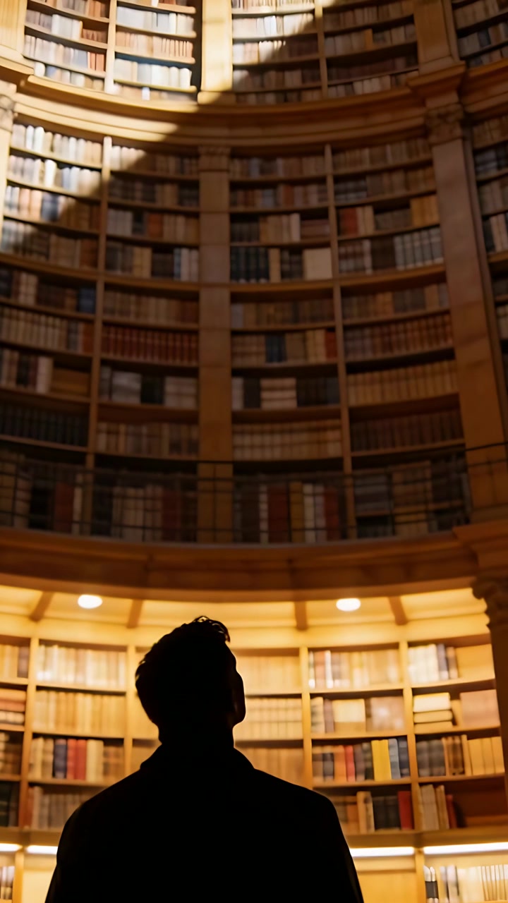 Video verticale: Uomo in piedi con un cappotto scuro che osserva gli scaffali di una biblioteca, con una fascia di luce che cattura l'attenzione.