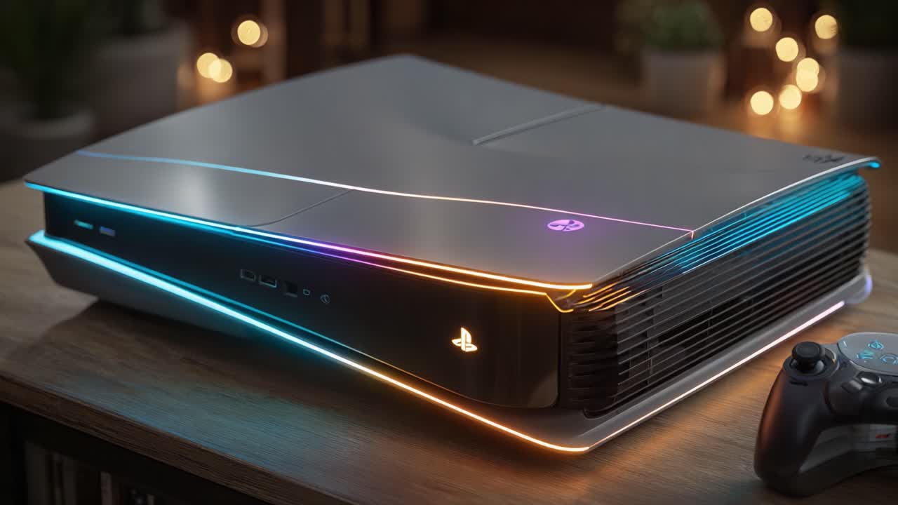 Elegant Gaming Console with Colorful LED Lighting on Display, Showcasing Modern Design and Advanced Technology in a Cozy Environment