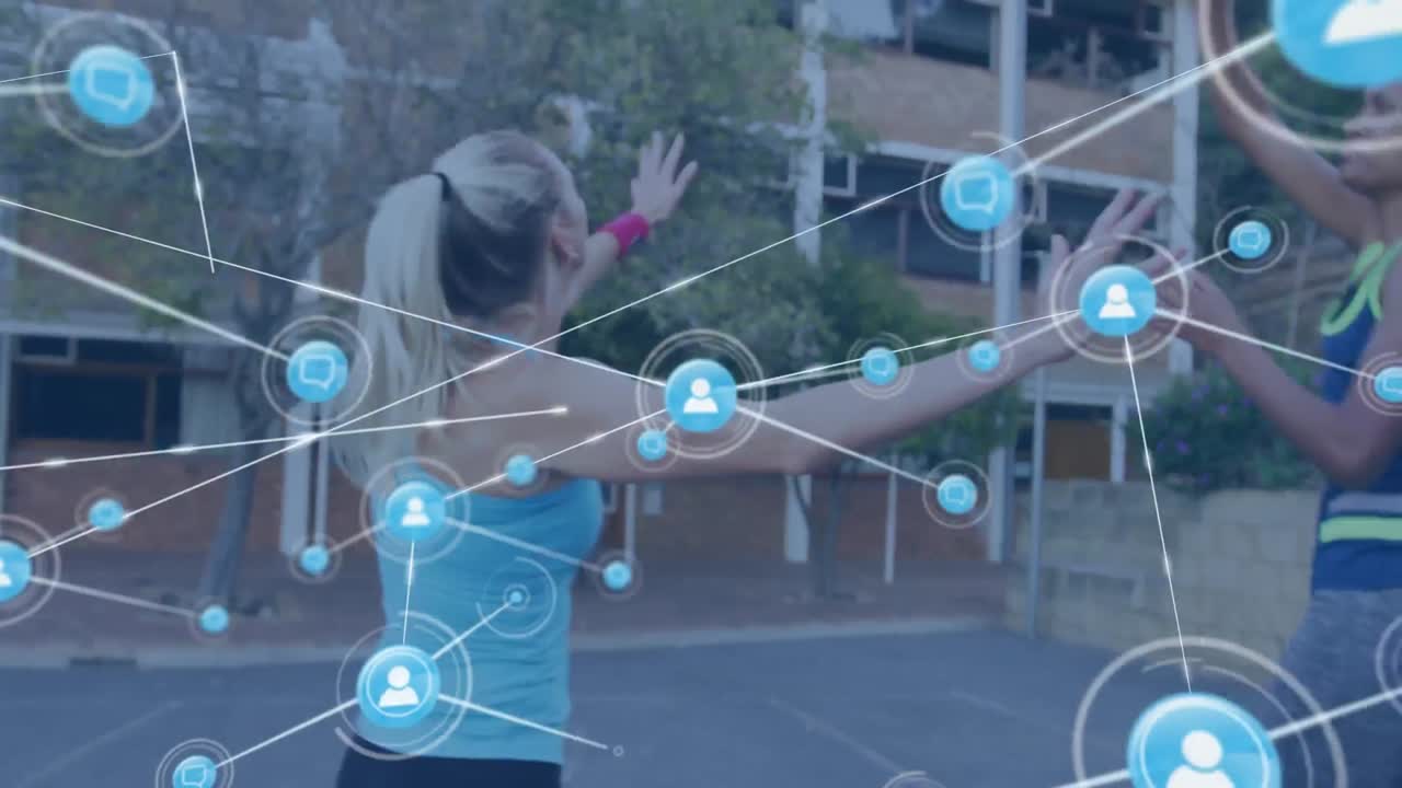 animación de redes de conexiones sobre jugadoras de baloncesto