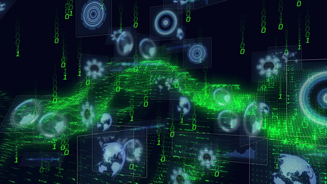 Digital data and binary code flowing over abstract green landscape animation