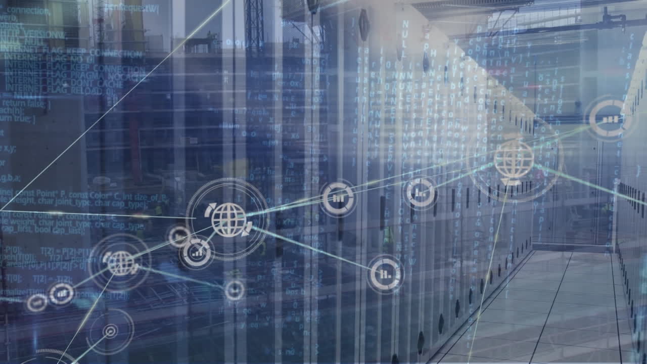 Animation of network of connections, binary coding and data processing over computer servers