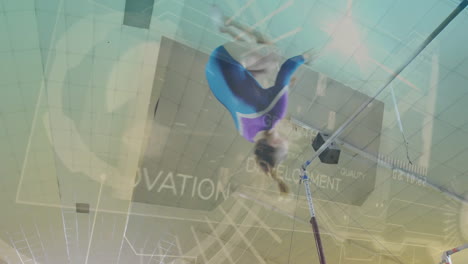 gimnasta actuando en barras irregulares con animación de procesamiento de datos en el fondo