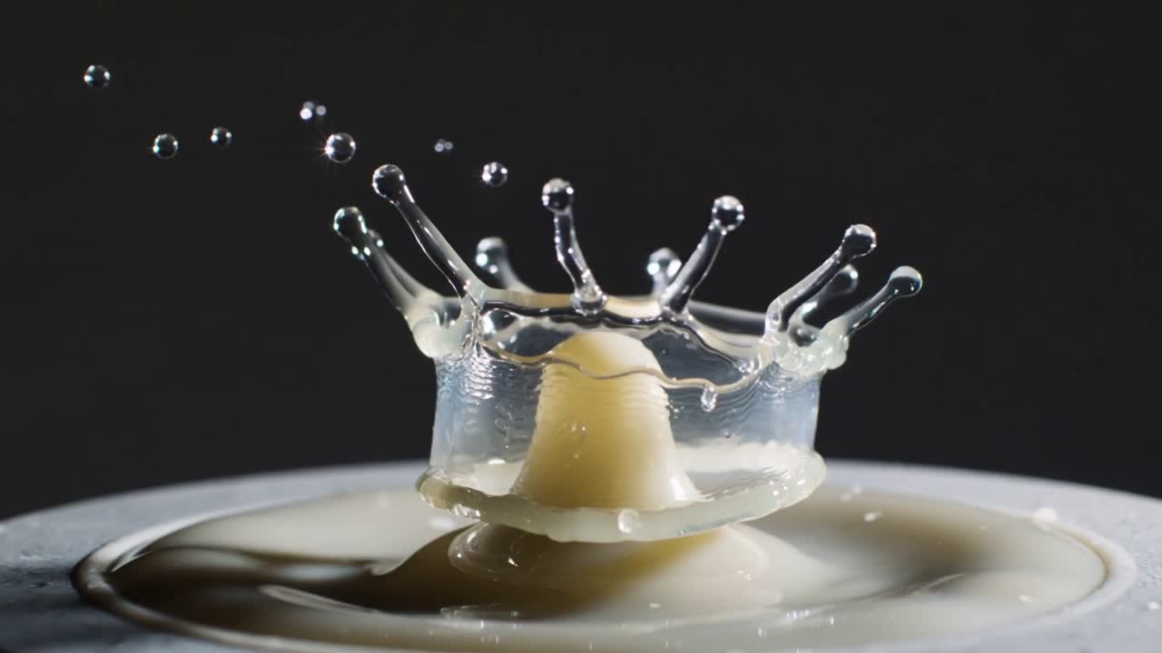 Tropfen schlägt in Milch ein, eine Krone mit zentraler Säule steigt an einem weißen Rand auf und stößt links Tröpfchen aus.