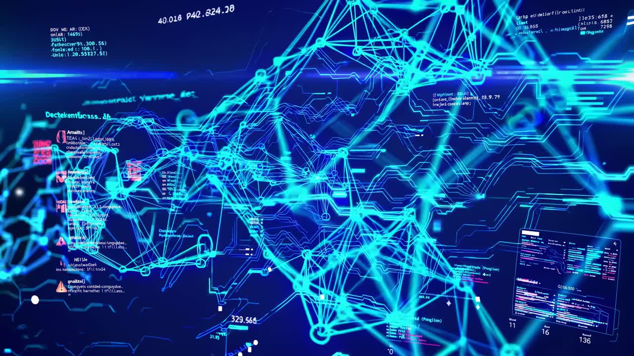 Futuristic video concept with a high-angle view of glowing blue network lines and digital data