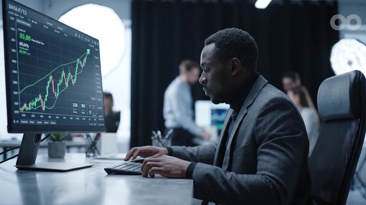 Un professionista concentrato che analizza le tendenze e i dati del mercato azionario su uno schermo di computer in un moderno ambiente d'ufficio durante un dinamico contesto aziendale