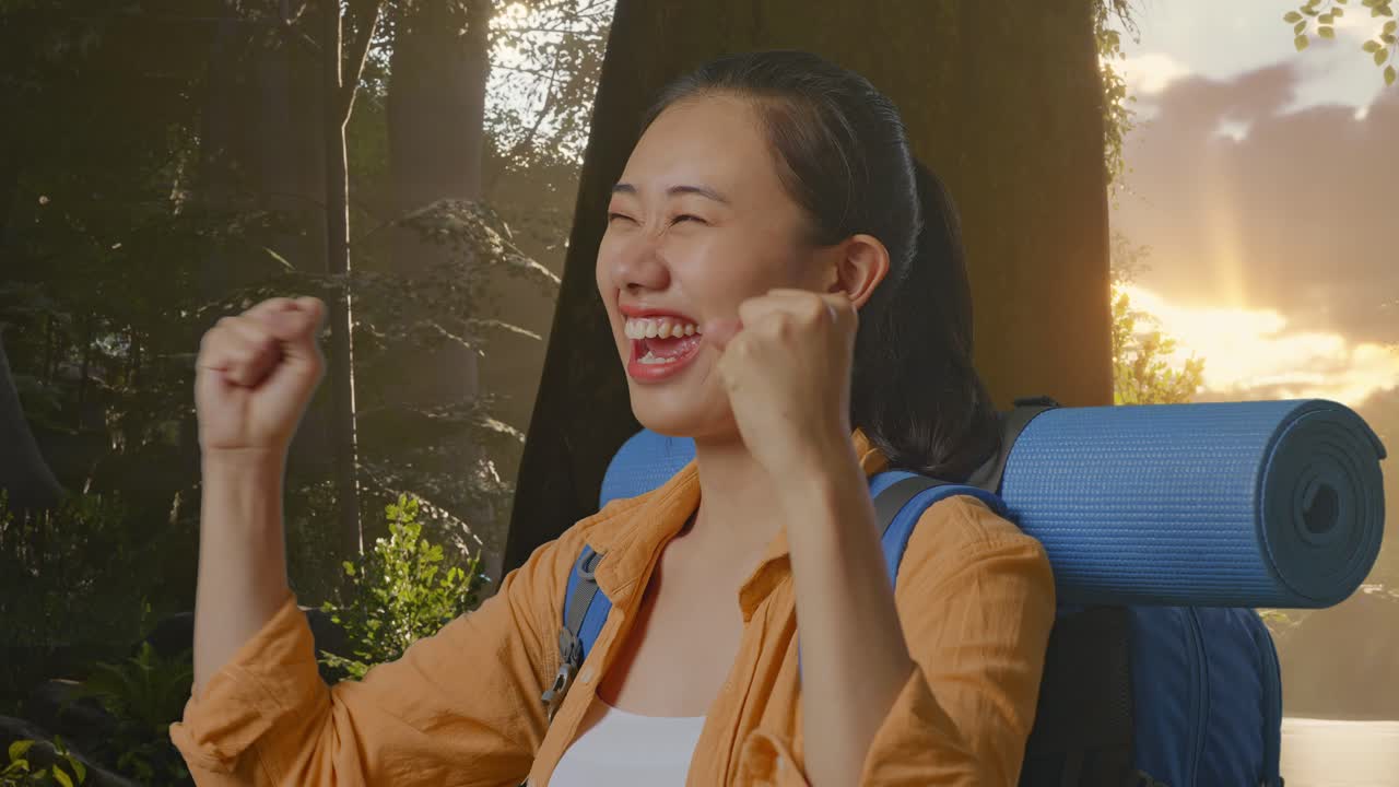 Close Up Side View Of Asian Female Hiker With Mountaineering Backpack Screaming Goal Celebrating The Success While Exploring Forest Nature