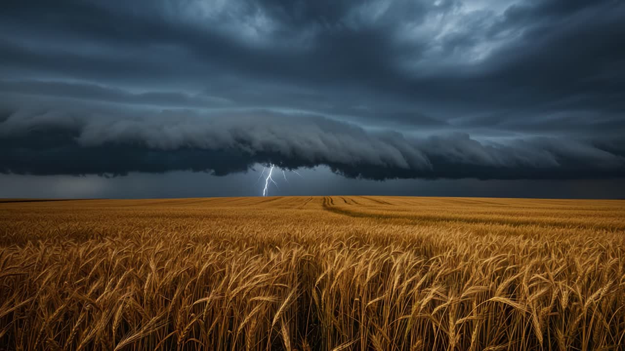 Lightning Strike Over Golden Wheat Field Under Stormy Sky