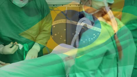 Animation-of-flag-of-portugal-over-diverse-surgeons-during-operation