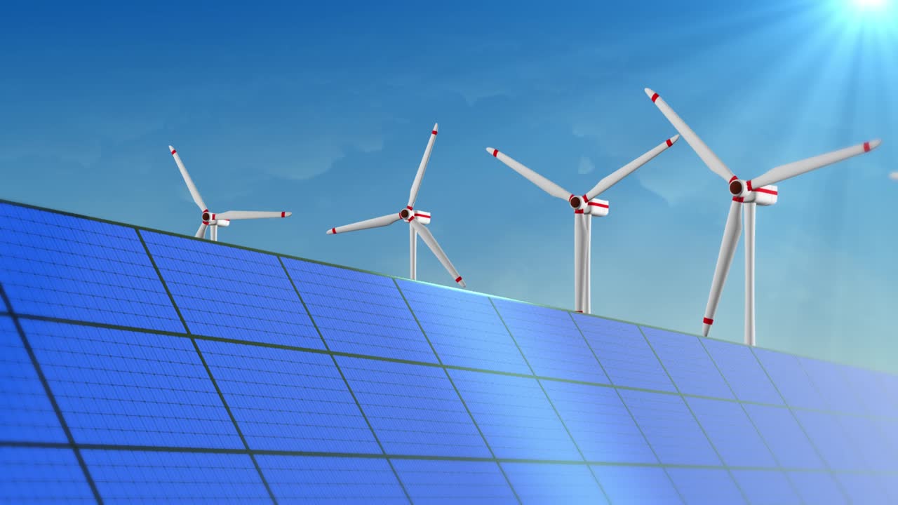 Solar Panels and Wind Turbines wind turbine propellers Loop Animation Background.