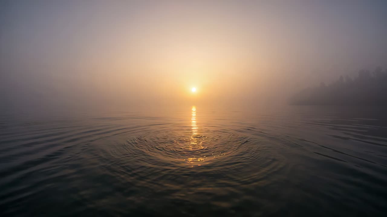 Sole nascente che proietta il suo riflesso su un lago nebbioso, increspature che appaiono sotto il sole e si diffondono, alberi a destra.
