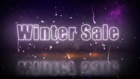 letrero de luces de neón de &quot;venta de invierno&quot; revelado a través de una tormenta con luces parpadeantes