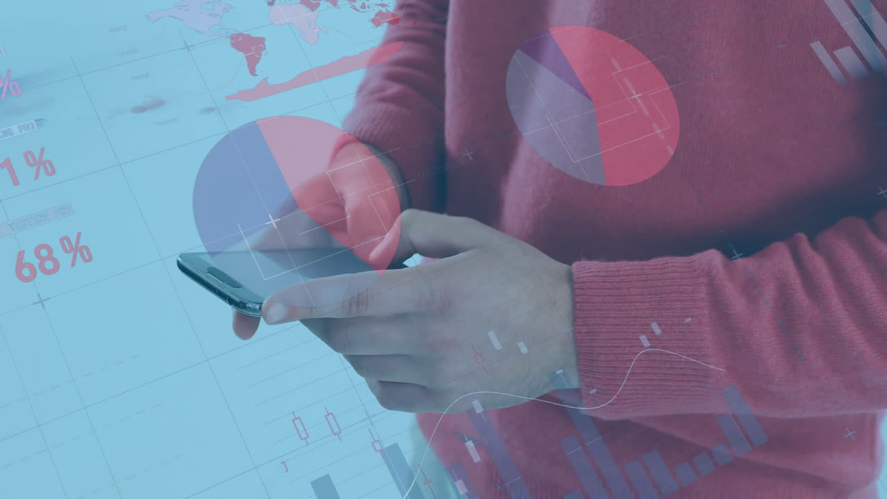 animación de diagramas y procesamiento de datos sobre hombre biracial usando teléfono inteligente