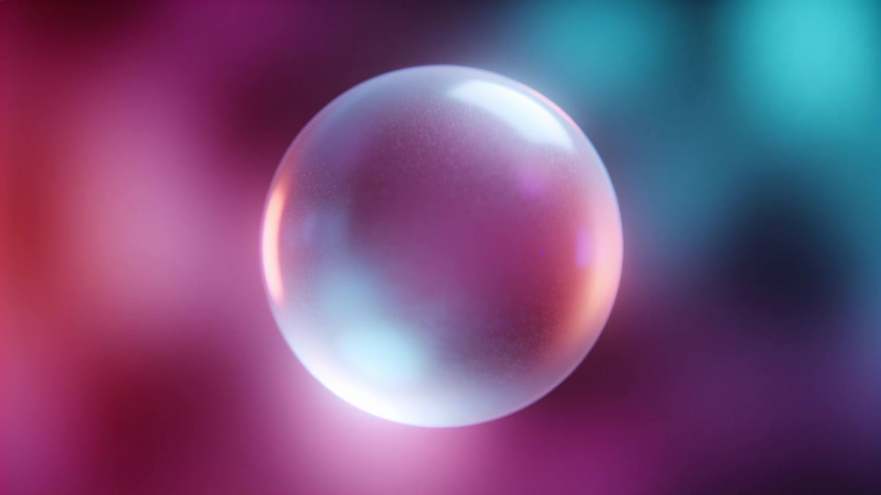 Floating iridescent bubble rotating slightly with light shifting in stylized studio bokeh