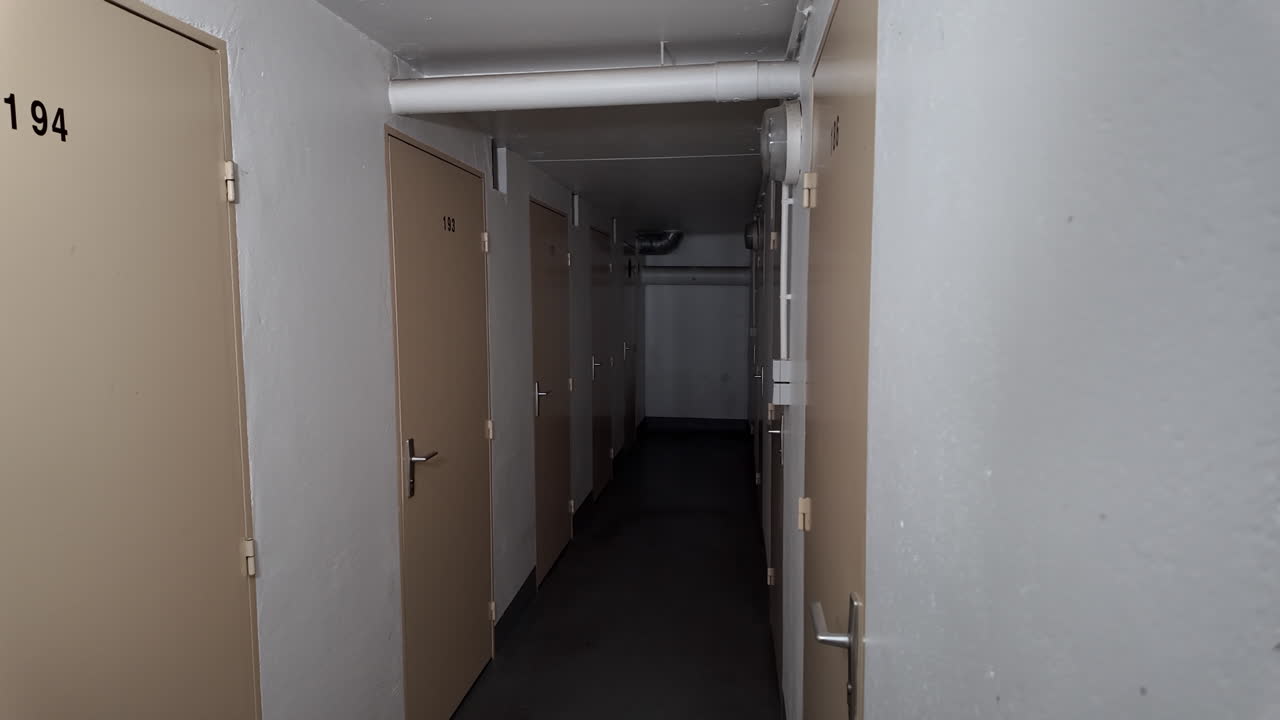 Peeking into deserted, partially lit corridor. Dolly left shot