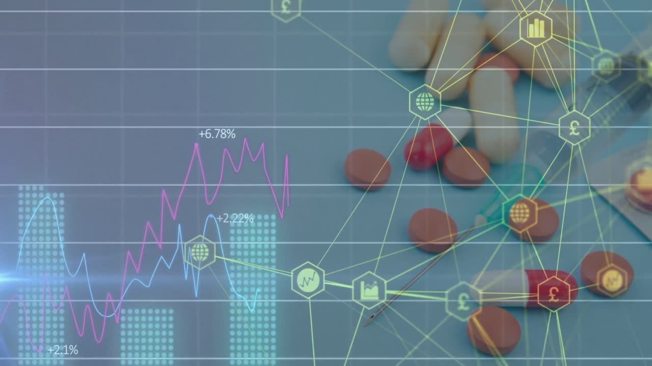 데이터 처리에 대한 애니메이션과 알약과 약물에 대한 아이콘으로 연결된 네트워크