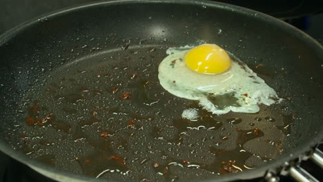 sunny side up raw egg is cracked into hot non-stick skillet on stove