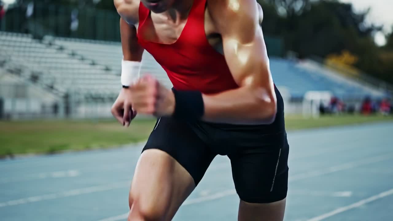 Hearing starter pistol shot, sprinter wearing red jersey and spikes powering off blocks on track