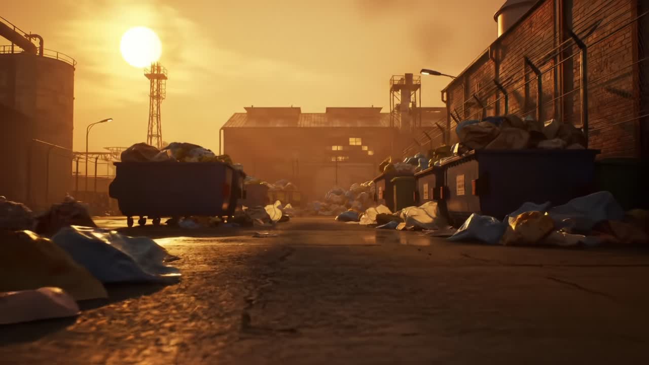 A Waste-Stricken Industrial Landscape Bathed in Golden Sunset: The Stark Contrast Between Nature's Beauty and Human Neglect at a Garbage-Laden Site