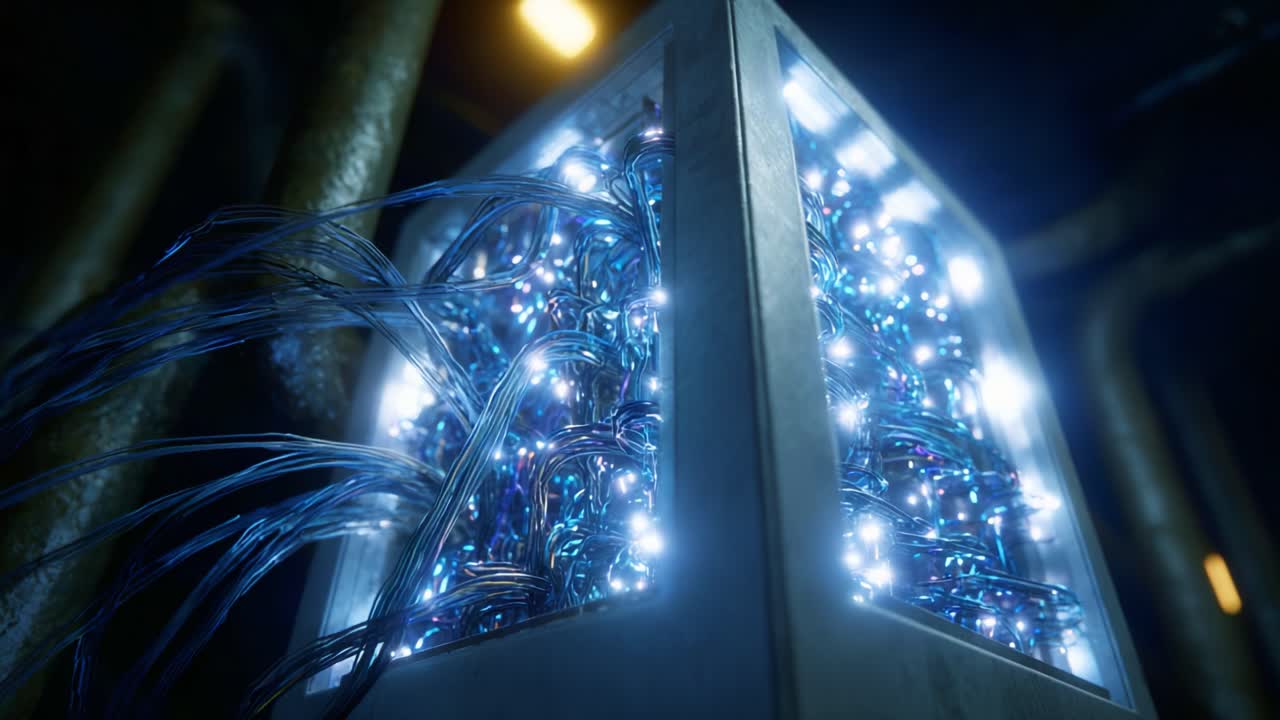 A captivating view of a futuristic technology hub featuring a glowing data server interlaced with vibrant cables, illuminating the dark environment with blue lights