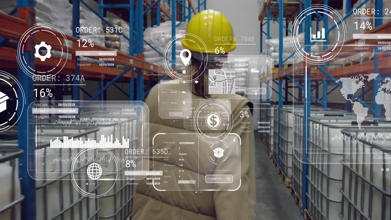 animación del procesamiento de datos en pantallas sobre un hombre caucásico que trabaja en un almacén