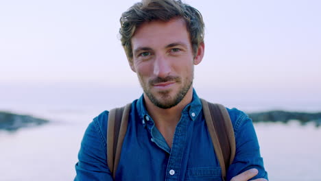 Man,-face-or-backpack-on-travel-beach-with-climate