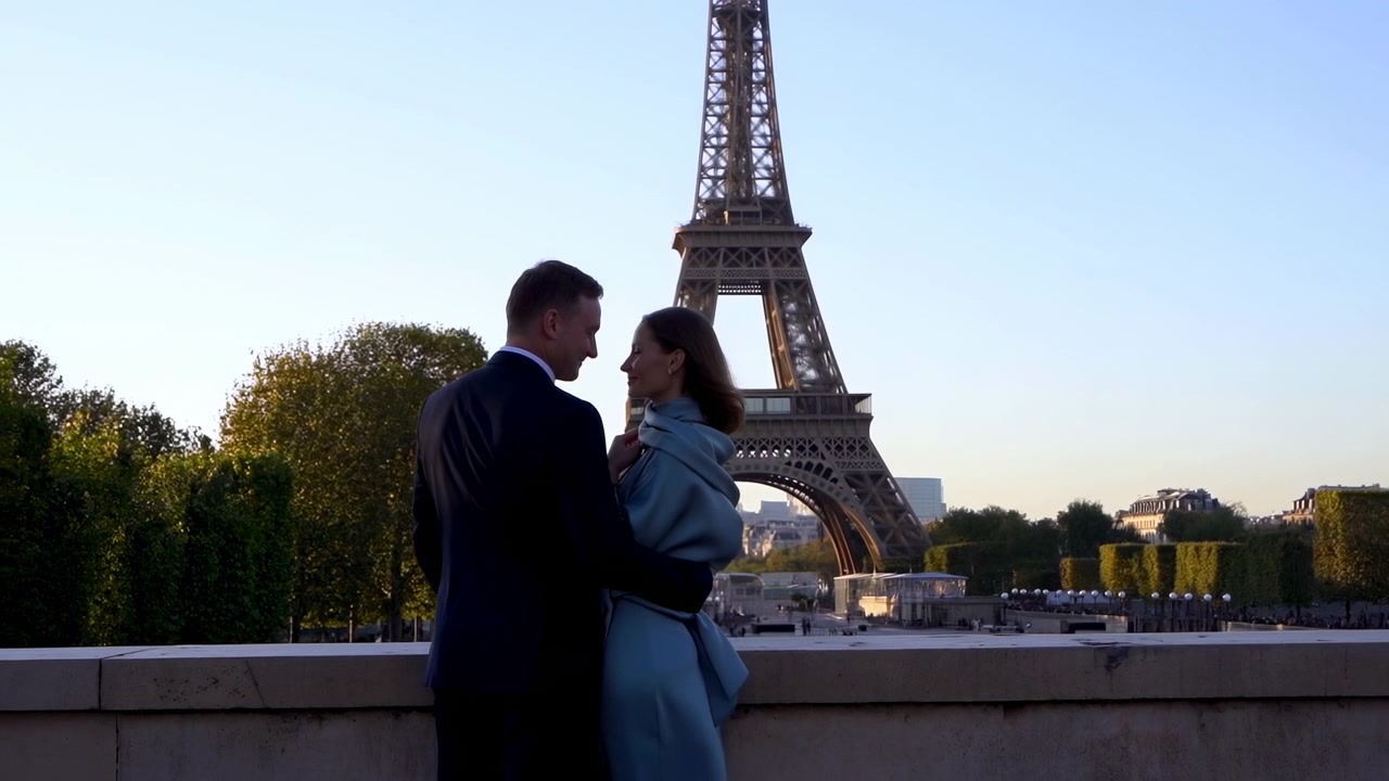 Un uomo in abito scuro e una donna in cappotto azzurro si fronteggiano accanto a una ringhiera di pietra, facendo sottili movimenti della testa e del corpo mentre la Torre Eiffel rimane centrata oltre gli alberi verdi sotto una luce solare tenue.