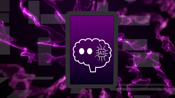 Animation of ai data processing over tablet and purple background