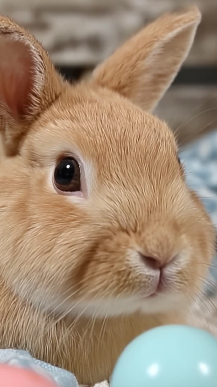 Incantevole primo piano di un coniglio carino circondato da uova di Pasqua dai colori pastello, che cattura lo spirito giocoso e la dolce espressione di questa adorabile creatura.