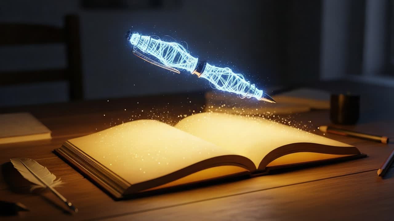 Illuminated Creativity: A Captivating Journey Through Imagination with a Floating Pen and Enchanted Open Book, Combines Elements of Fantasy and Inspiration