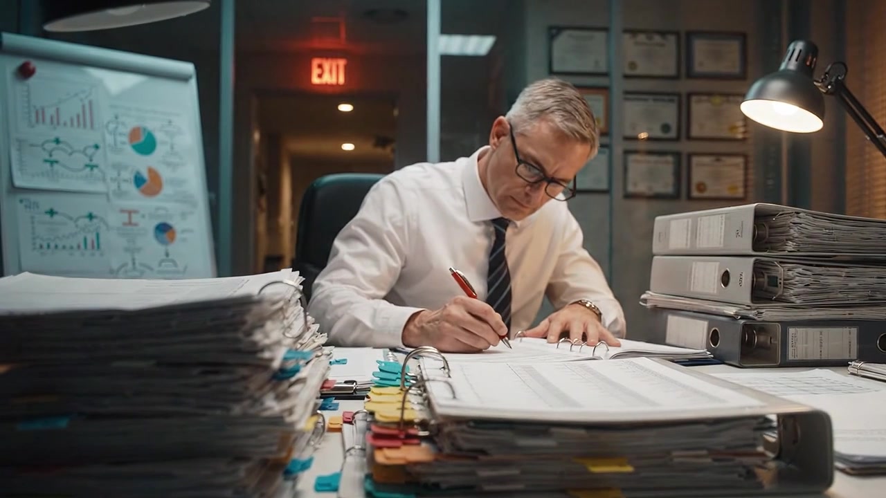 Diligent Professional Organizing Extensive Documentation in an Office Setting, Showcasing Concentration on Detail and Organizational Skills amidst Paperwork