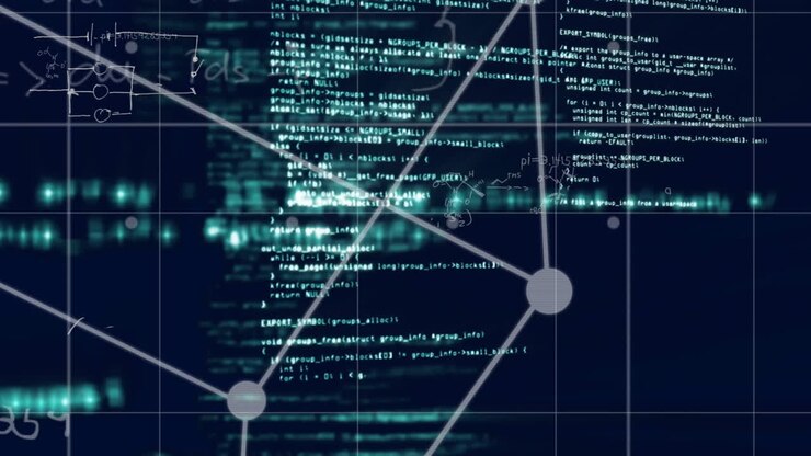 Programming code and network connections, data processing animation over dark background