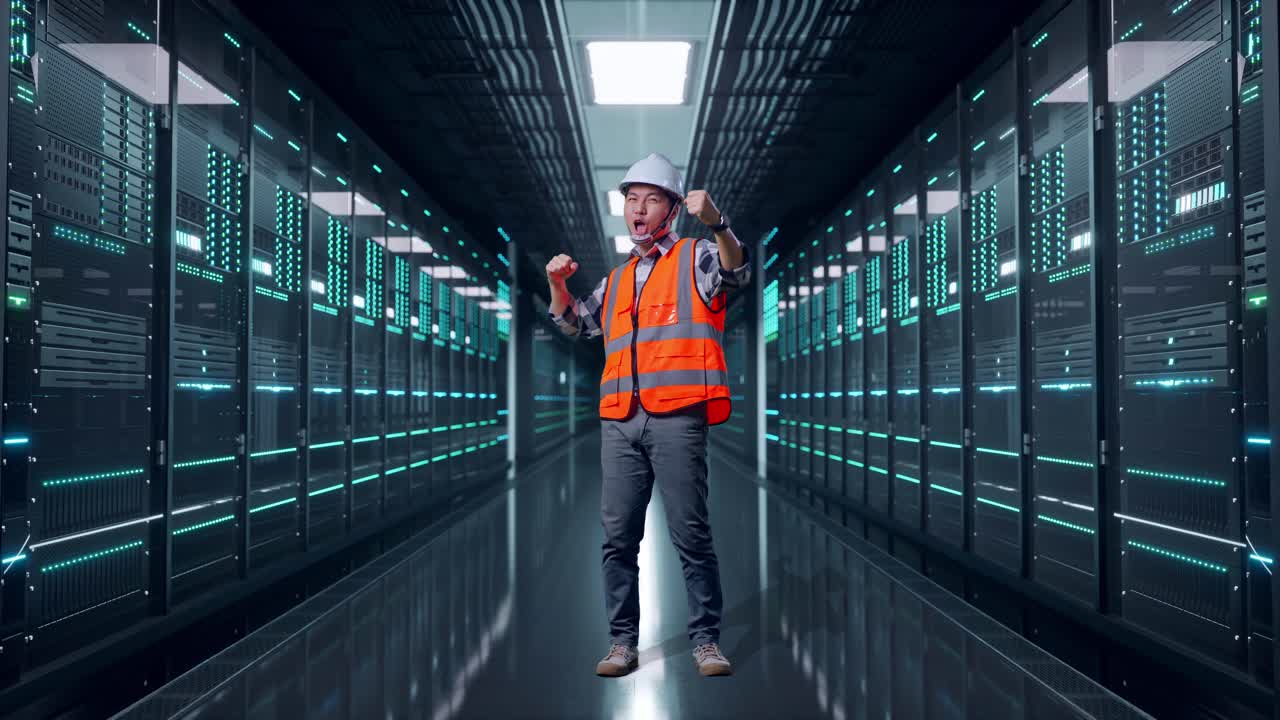 Full Body Of Asian Male Engineer With Safety Helmet Screaming Goal Celebrating Working in Server Room Data Center