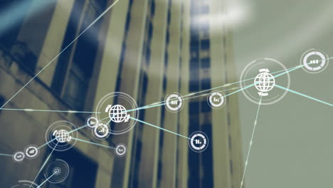 network of connections and data processing animation over tall building