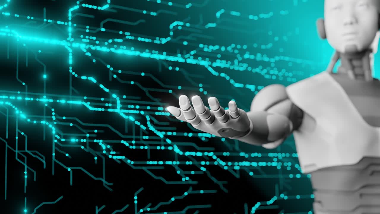 robot humanoide con fondo azul de circuitos digitales. concepto de tecnología futurista. inteligencia artificial y innovación robótica para diseño y