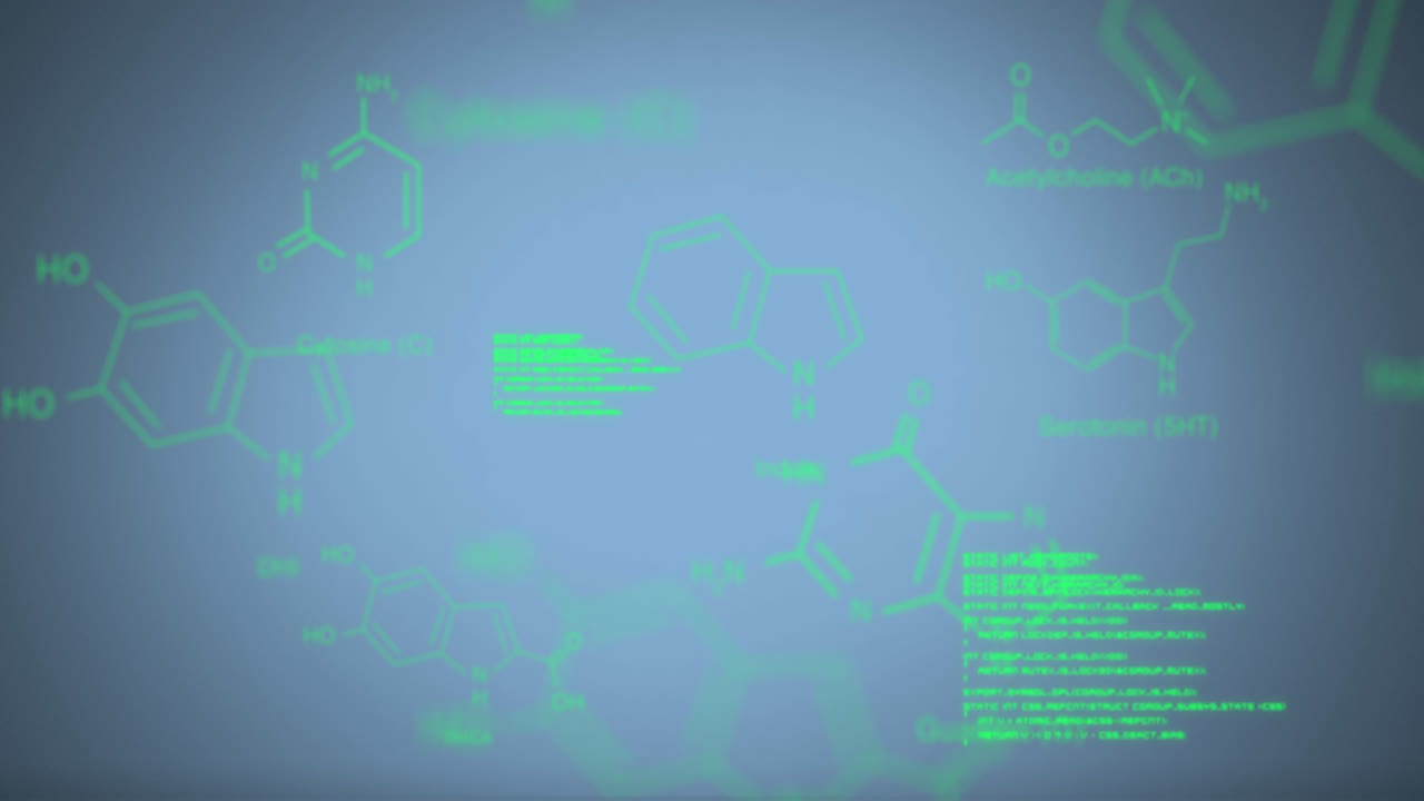 animación del procesamiento de datos científicos sobre un fondo azul.