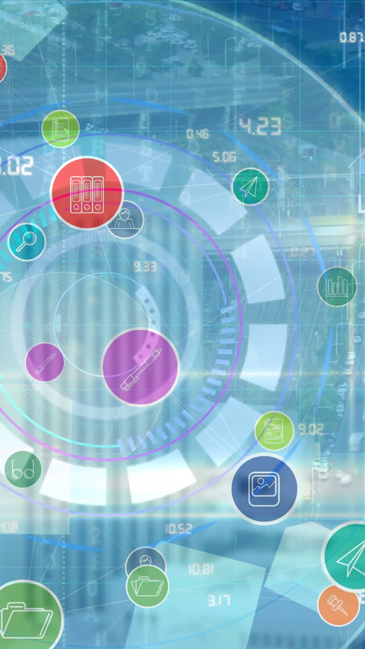 animación digital de múltiples iconos digitales contra el escáner redondo de neón sobre fondo azul