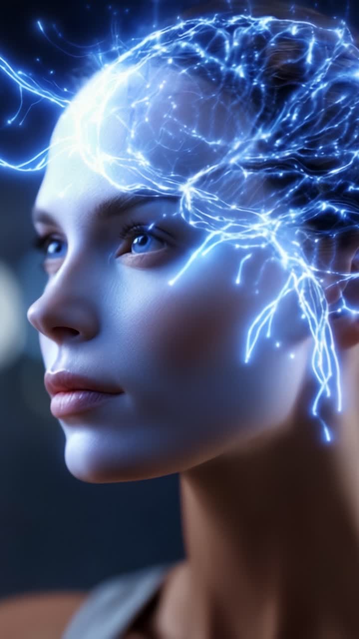 Un affascinante primo piano di una donna con una proiezione luminosa di una rete neurale nella sua mente, che mostra la connessione tra intelligenza umana e tecnologia